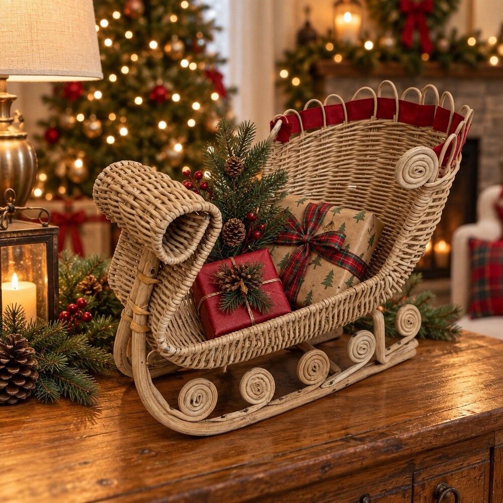 Vintage Hong Kong Wicker Rattan Santa Sleigh Christmas Basket Centerpiece Decor